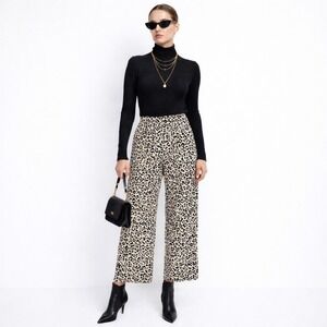 Wide Leg High Rise Wide Leg Ankle Cheetah Leopard Linen Blend Trouser Pants Sz 6